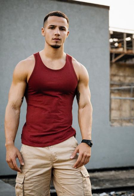 00035-684230420-refined editorial photograph, photo of jordan_torres, relaxed confident expression, wearing a fitted red tank top and khaki shor.png